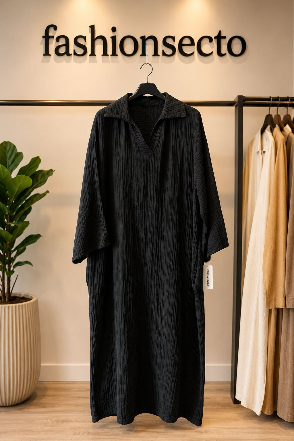 Women’s Crinkle Cotton Collared Maxi Dress – One Size