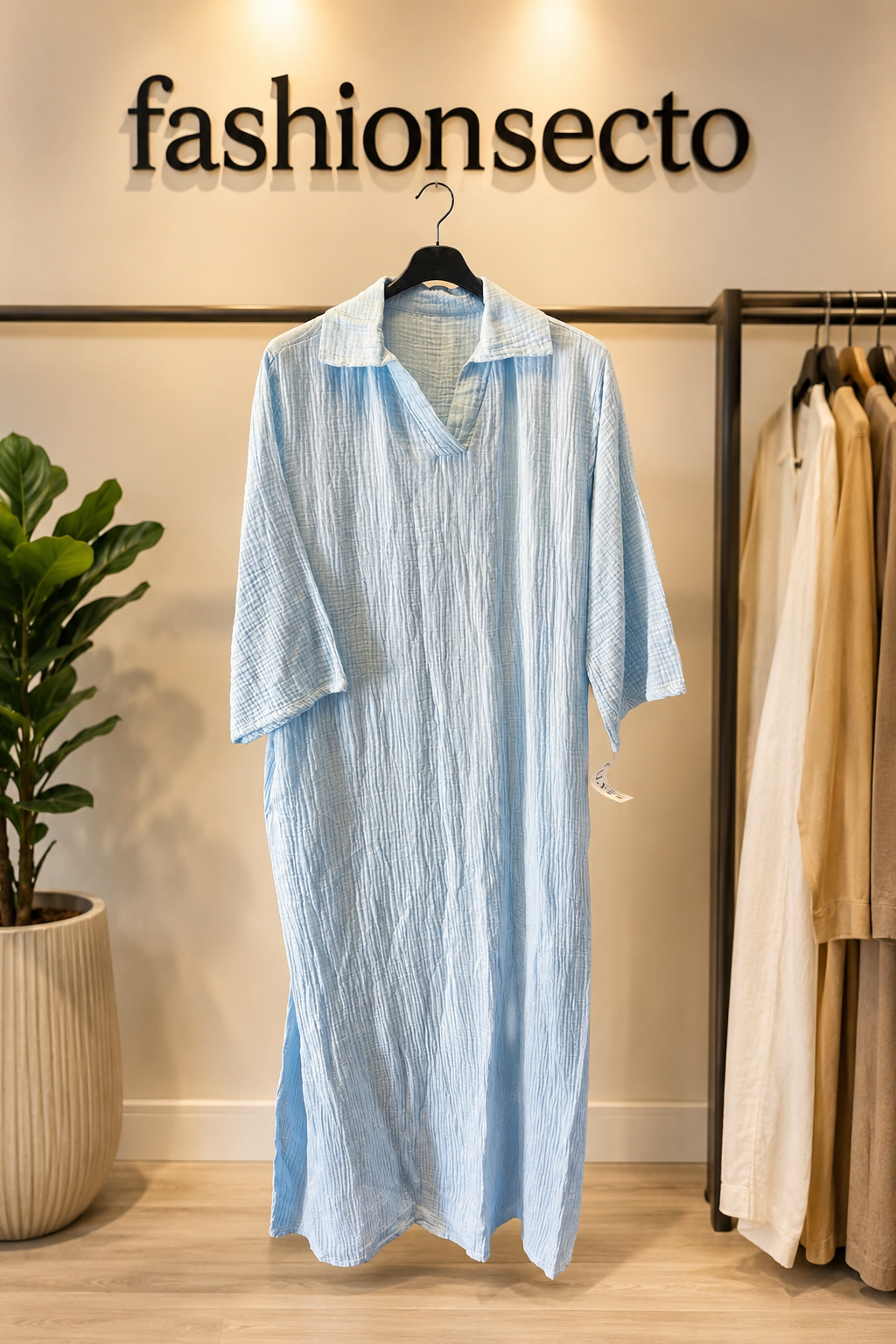 Women’s Crinkle Cotton Collared Maxi Dress – One Size