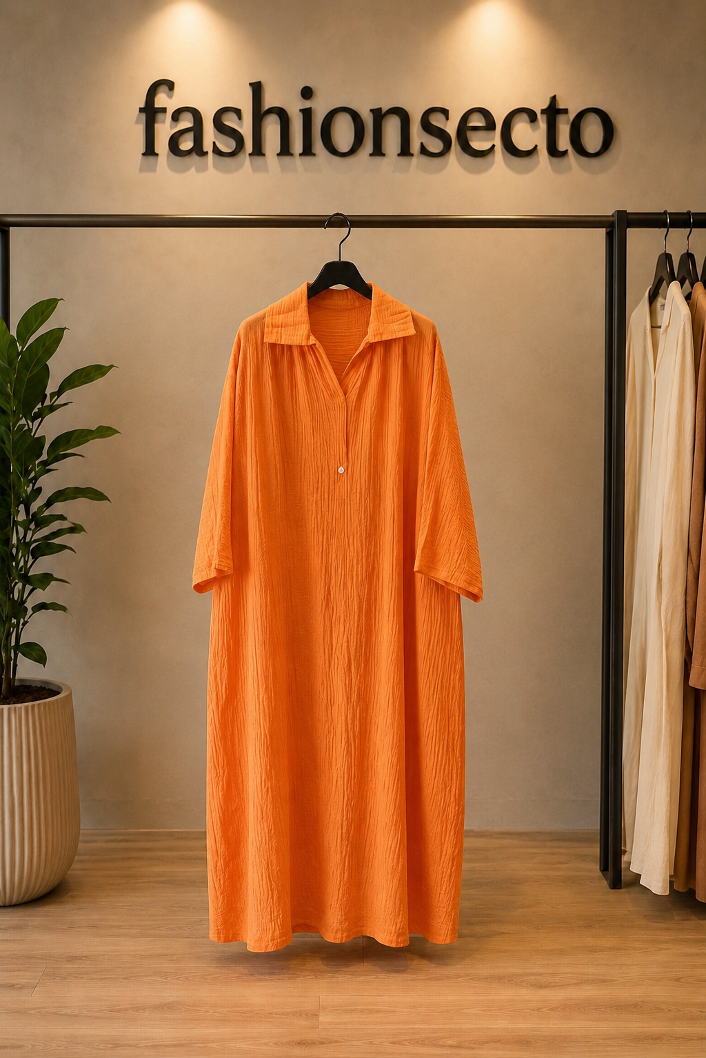 Women’s Crinkle Cotton Collared Maxi Dress – One Size