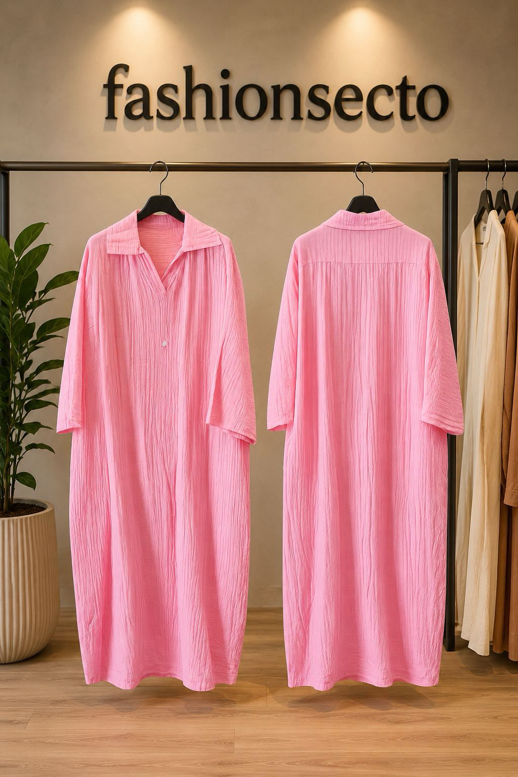Women’s Crinkle Cotton Collared Maxi Dress – One Size